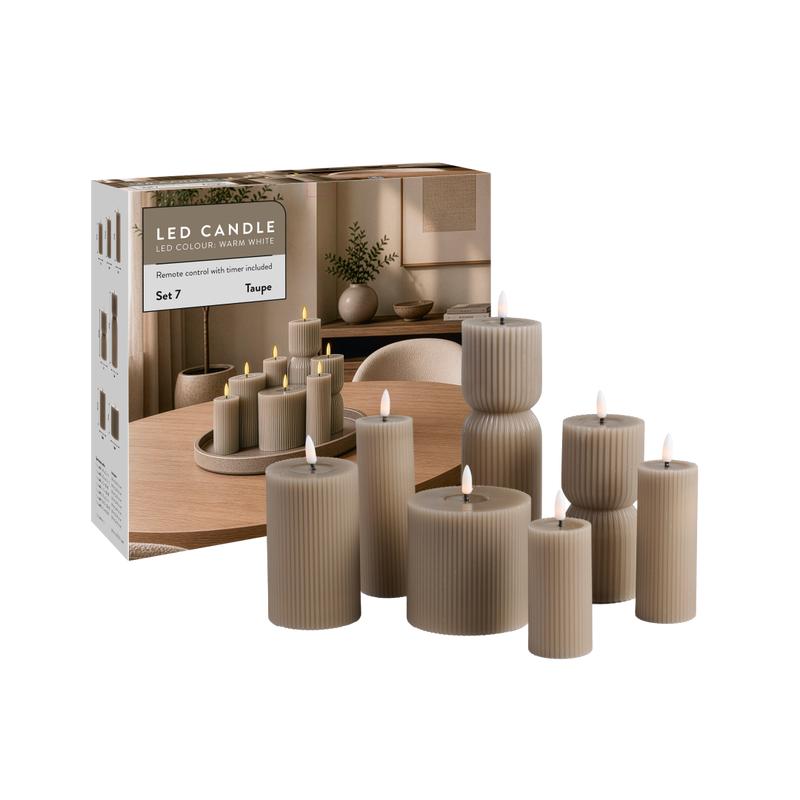 Ribbel ledkaarsen - set van 7 - taupe - 4